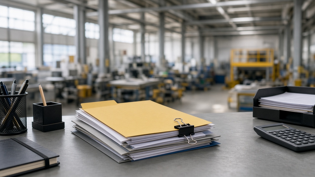 MSME loan file on a desk with a factory floor behind