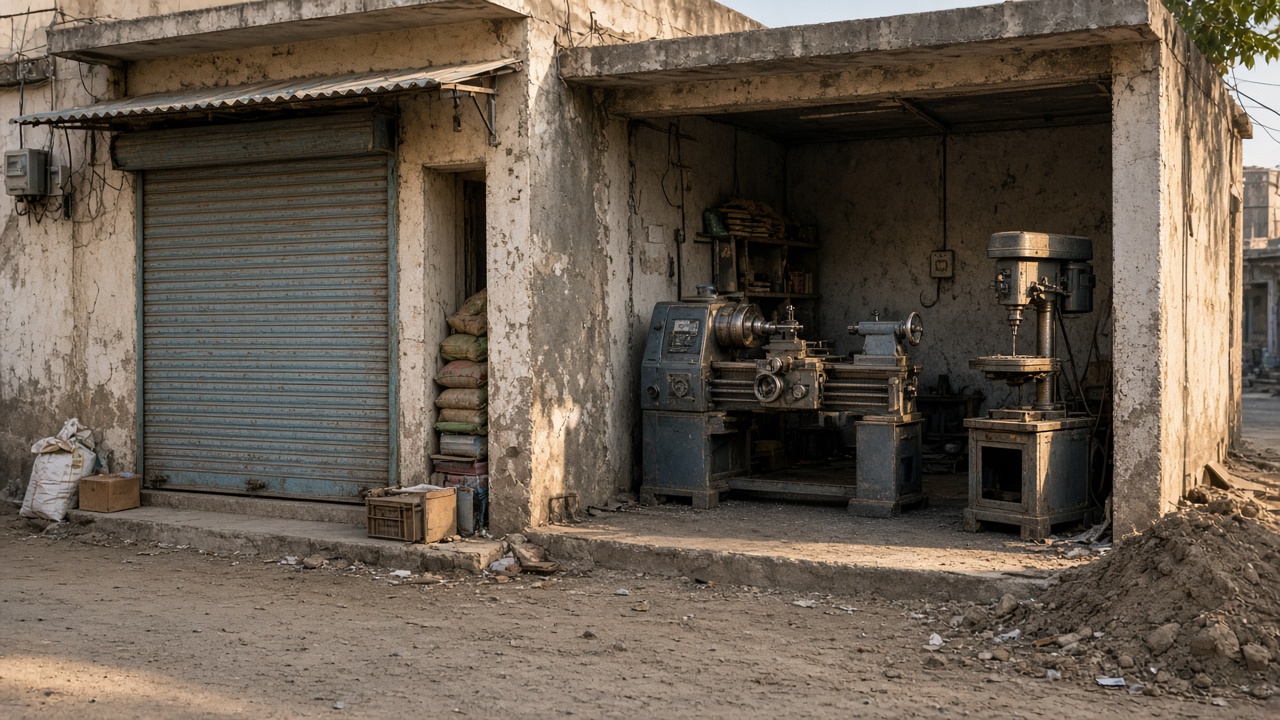 Kirana shutter and a small job-work shed as typical Indian MSMEs